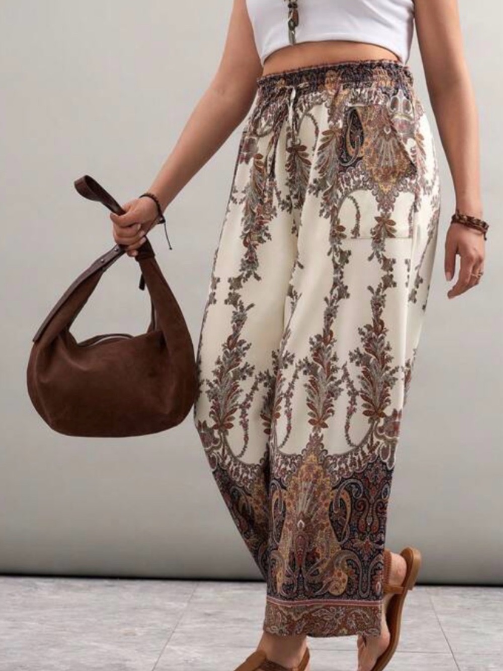 Boho Paisley Border Print Wide Leg Pants | Cream Resort Palazzo Pants w Pockets